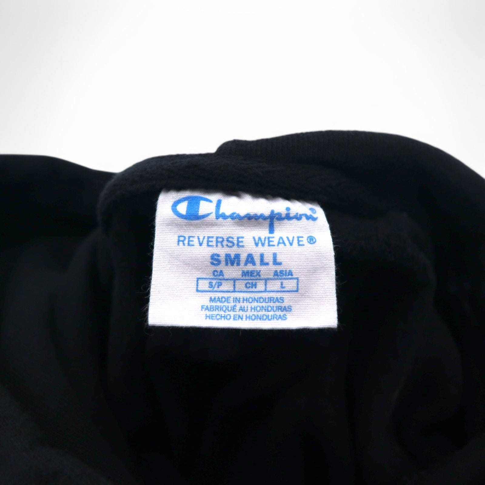 Champion Reverse Weave Felpa con cappuccio pullover L Nera Logo script etichetta blu riedizione fatta in Honduras