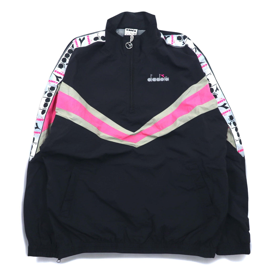 Giacca diadora anni '90 in nylon, mezza zip, giacca da pista, tuta, taglia L, nera, nastro con logo, ricamo logo singolo
