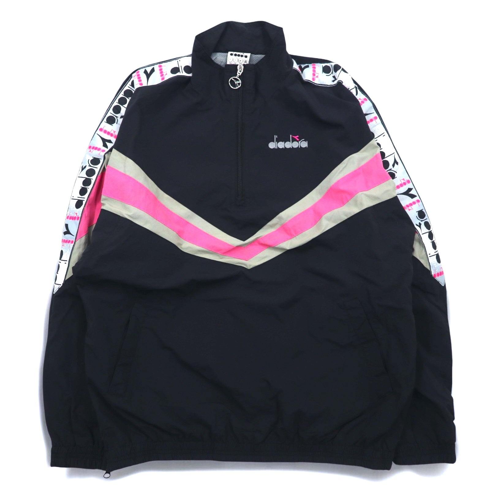 Giacca diadora anni '90 in nylon, mezza zip, giacca da pista, tuta, taglia L, nera, nastro con logo, ricamo logo singolo