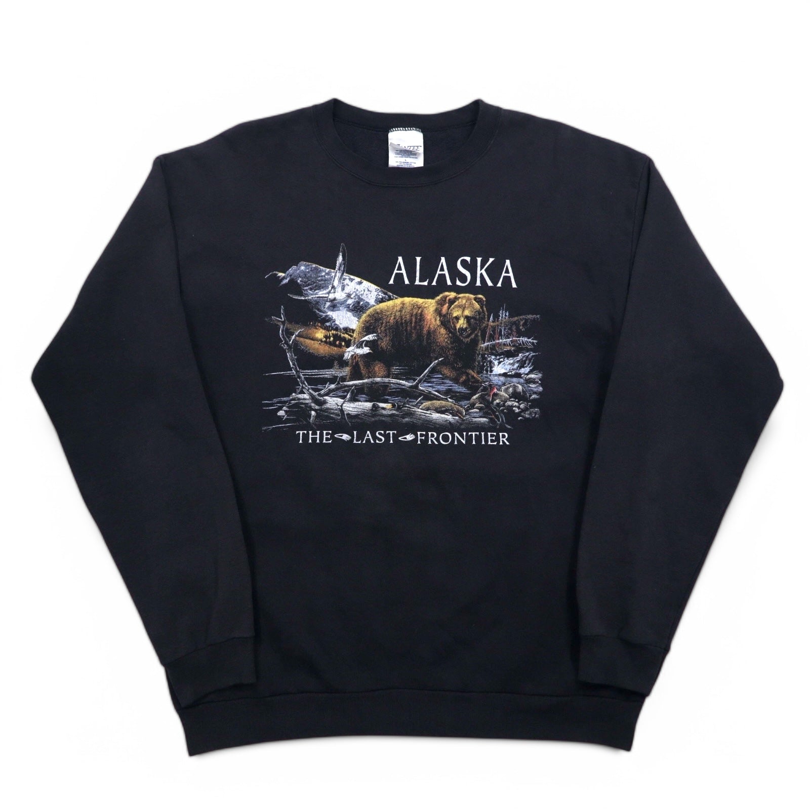 Felpa girocollo vintage anni '90, prodotta in Messico, stampa grafica SANTEE, taglia L, colore nero, ALASKA
