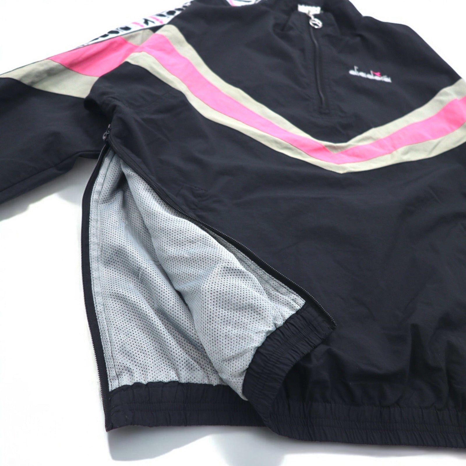 Giacca diadora anni '90 in nylon, mezza zip, giacca da pista, tuta, taglia L, nera, nastro con logo, ricamo logo singolo