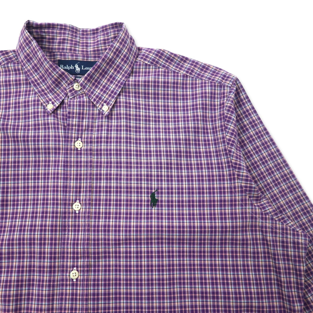 RALPH LAUREN ボタンダウンシャツ L パープル チェック コットン CUSTOM FIT スモールポニー刺繍