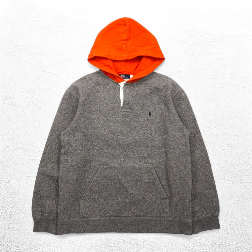 Polo by Ralph Lauren Felpa con cappuccio a mezza abbottonatura bicolore anni '90, taglia M, grigio-arancio, interno felpato, ricamo piccolo pony