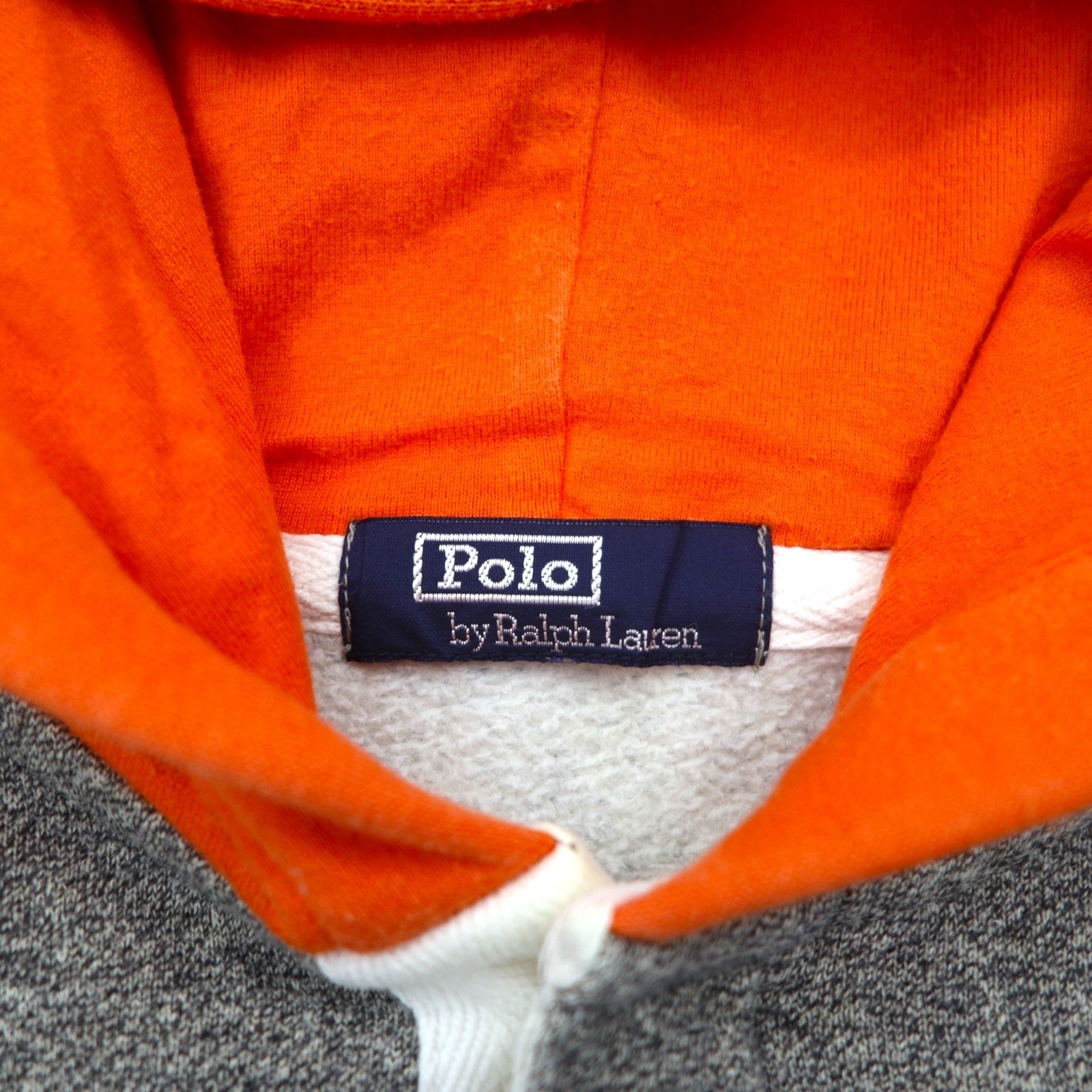 Polo by Ralph Lauren Felpa con cappuccio a mezza abbottonatura bicolore anni '90, taglia M, grigio-arancio, interno felpato, ricamo piccolo pony