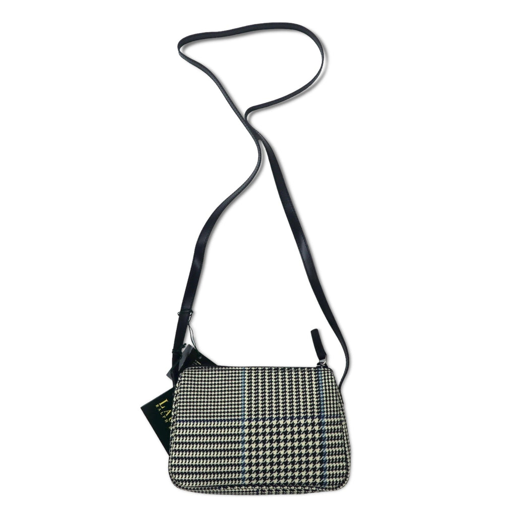 LAUREN RALPH LAUREN Borsa a tracolla Gun Club Check, pochette, bianca, in tela di nylon e pelle, con placca logo, articolo nuovo