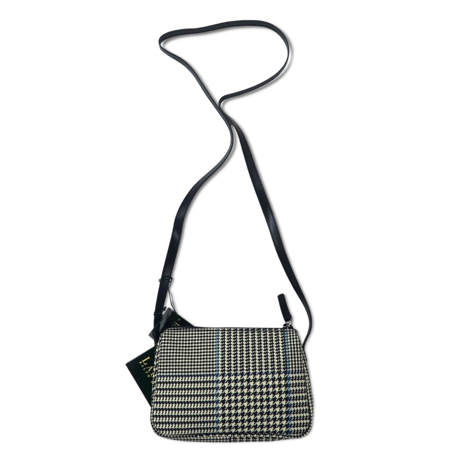 LAUREN RALPH LAUREN Borsa a tracolla Gun Club Check, pochette, bianca, in tela di nylon e pelle, con placca logo, articolo nuovo