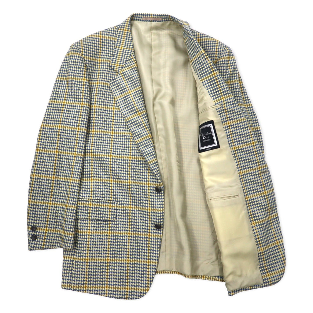 Christian Dior MONSIEUR Old 2 bottoni Blazer L Giallo Blu Principe di Galles Misto Lana Cashmere Fabbricato in Giappone