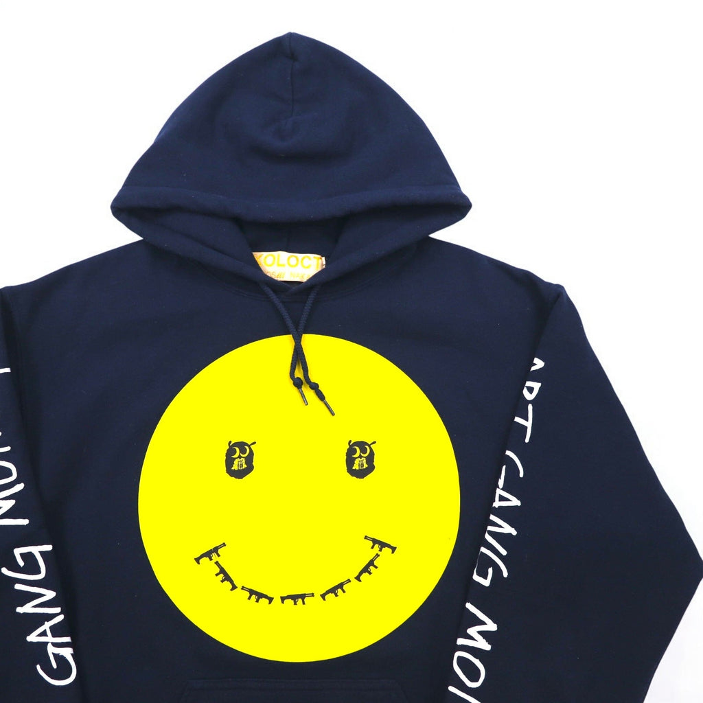 SKOLOCT TSUYOSHI NAKANO Felpa con cappuccio pullover M blu navy con stampa smorfia ART GANG MONEY, Prodotto in Giappone