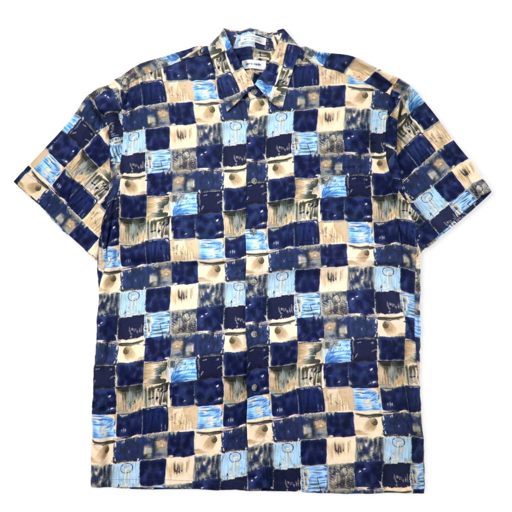 Pierre Cardin anni '90 camicia hawaiana XL blu navy, rayon, fantasia all-over, retrò