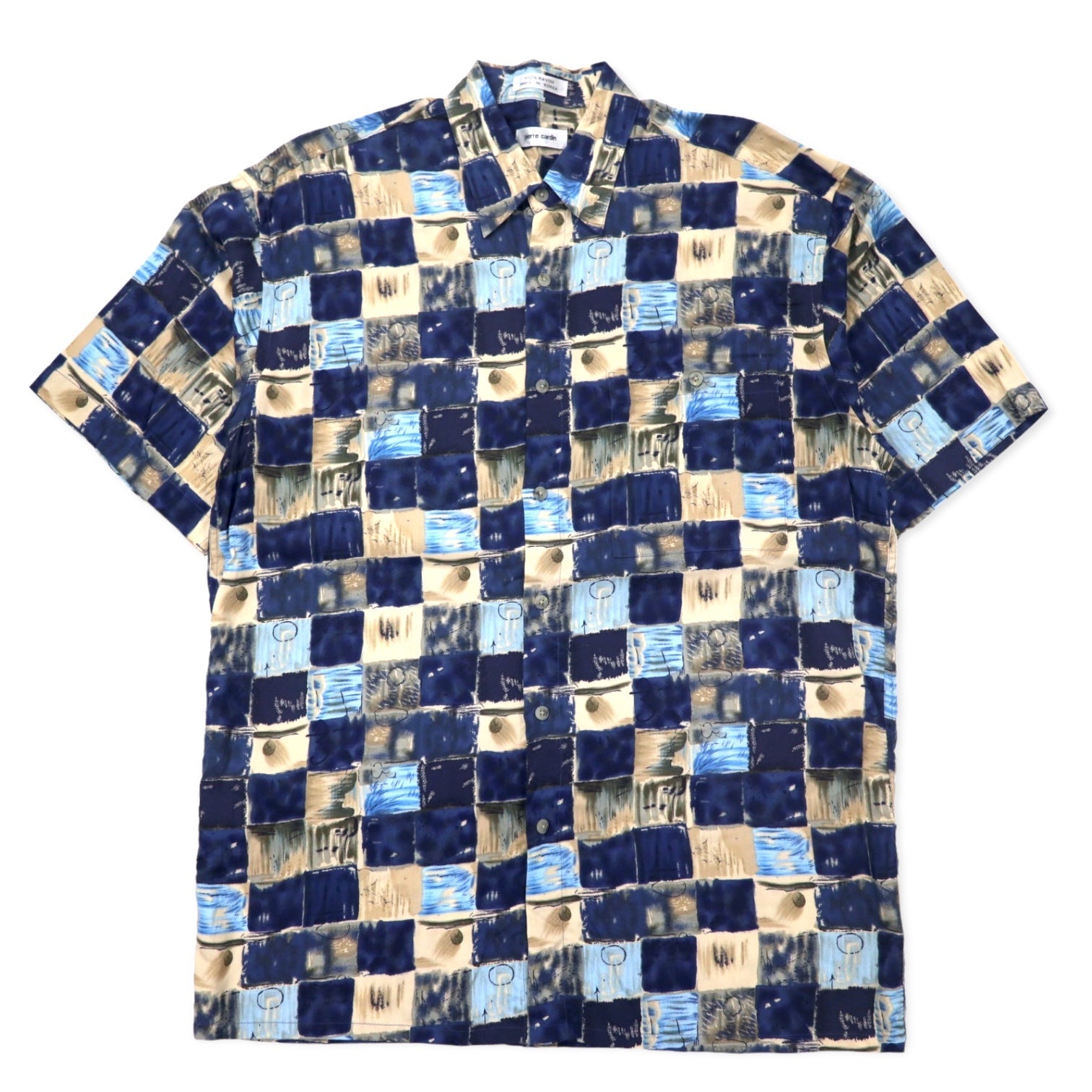 Pierre Cardin anni '90 camicia hawaiana XL blu navy, rayon, fantasia all-over, retrò