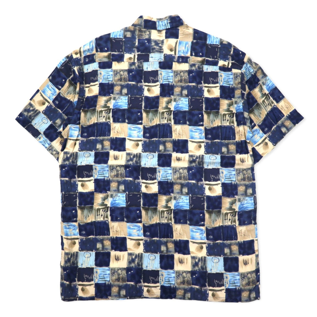 Pierre Cardin anni '90 camicia hawaiana XL blu navy, rayon, fantasia all-over, retrò