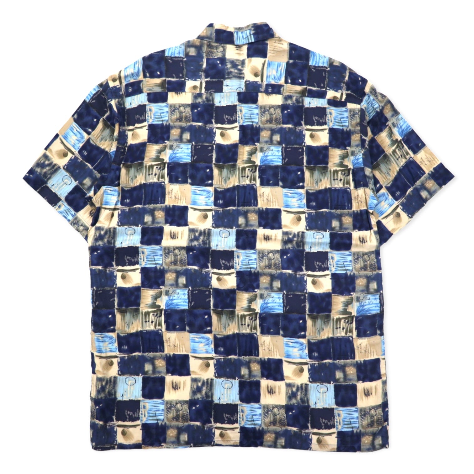 Pierre Cardin anni '90 camicia hawaiana XL blu navy, rayon, fantasia all-over, retrò