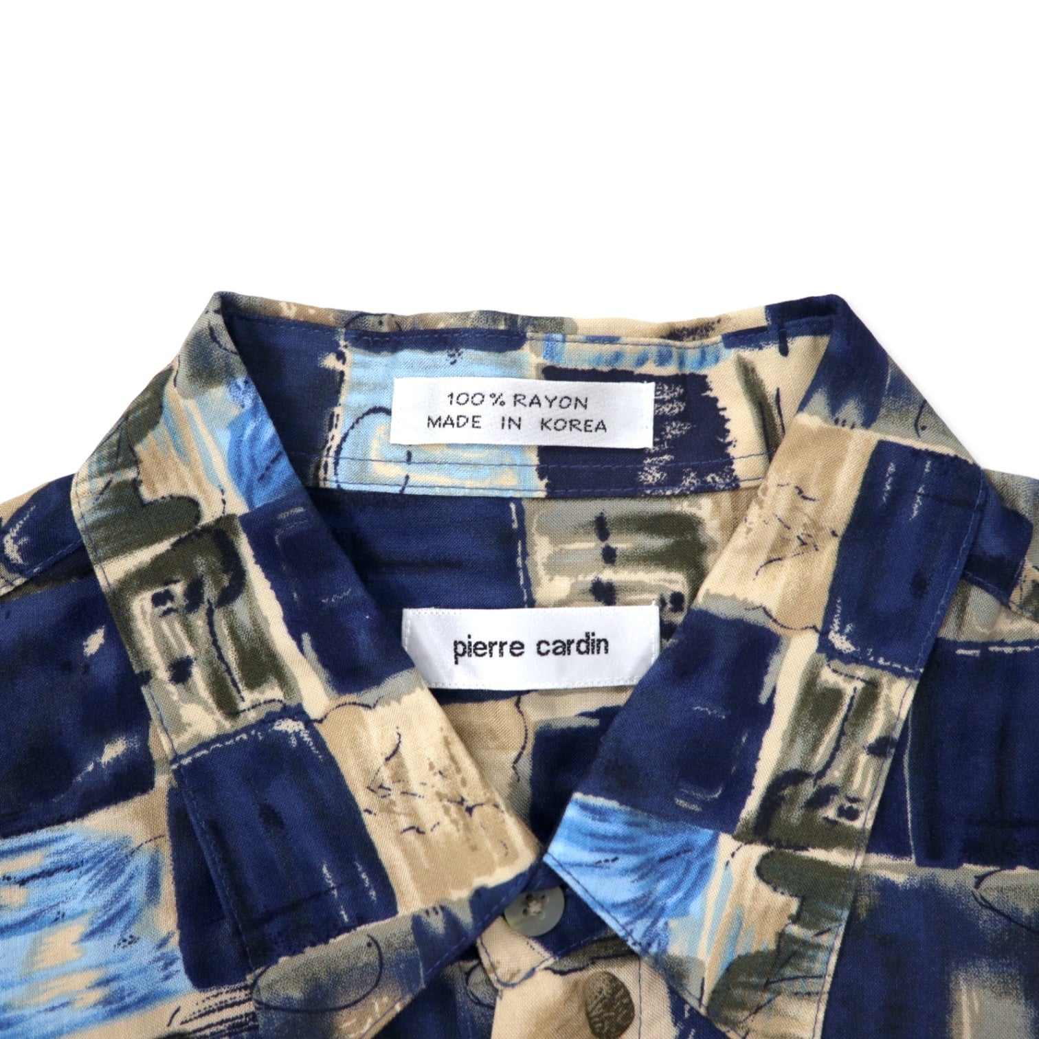 Pierre Cardin anni '90 camicia hawaiana XL blu navy, rayon, fantasia all-over, retrò