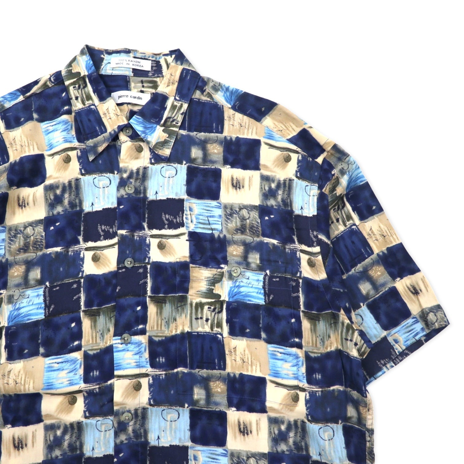 Pierre Cardin anni '90 camicia hawaiana XL blu navy, rayon, fantasia all-over, retrò