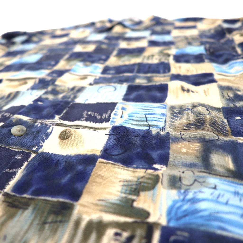 Pierre Cardin anni '90 camicia hawaiana XL blu navy, rayon, fantasia all-over, retrò