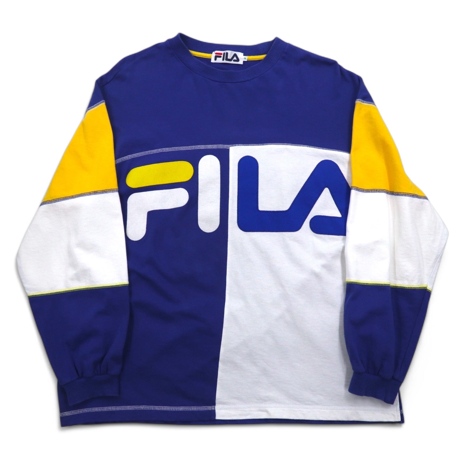 FILA Anni '90 Color Block Logo Felpa M Cotone Blu navy Giallo Bianco