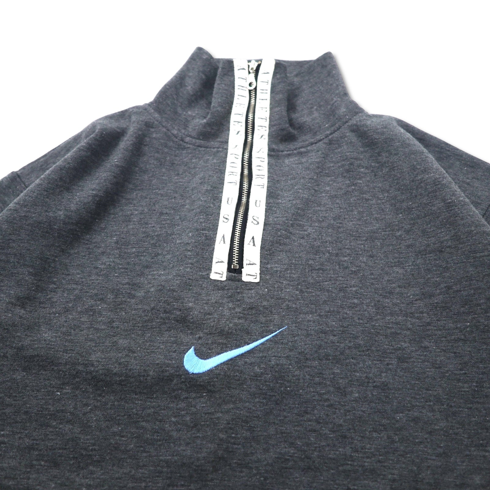 NIKE Anni '90 Felpa mezza zip M Grigia Poliestere Cotone Etichetta argento Logo Swoosh centrale ricamato USA ATHLETES SPORT