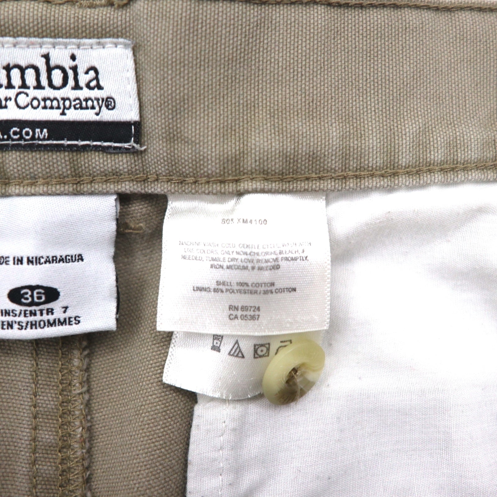 Columbia anni 2000, pantaloncini bush corti in tela, taglia L, kaki, tasche con patta XM4100, made in Nicaragua