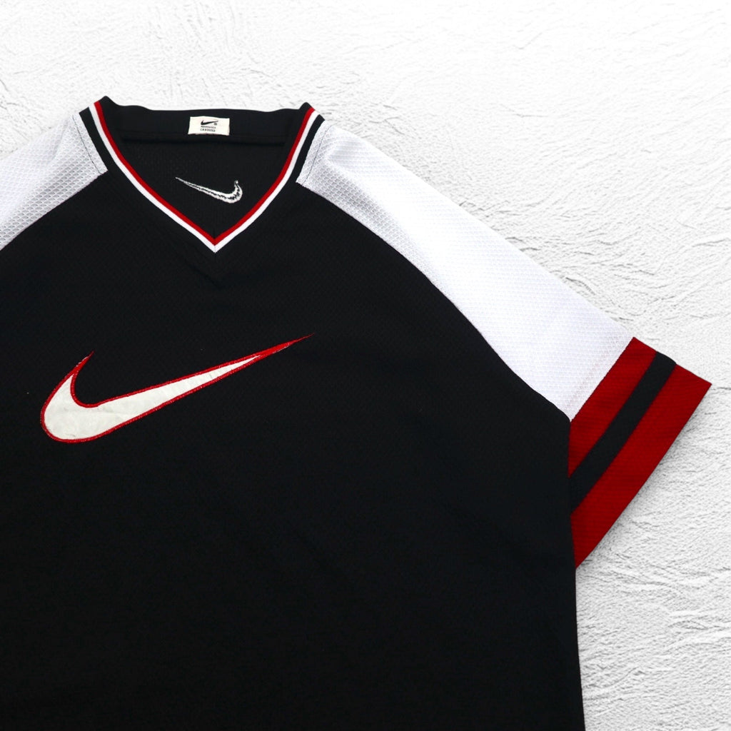 NIKE 90年代 銀タグ スウォッシュ 刺繍 ゲームシャツ Vネック Tシャツ L ブラック ポリエステル