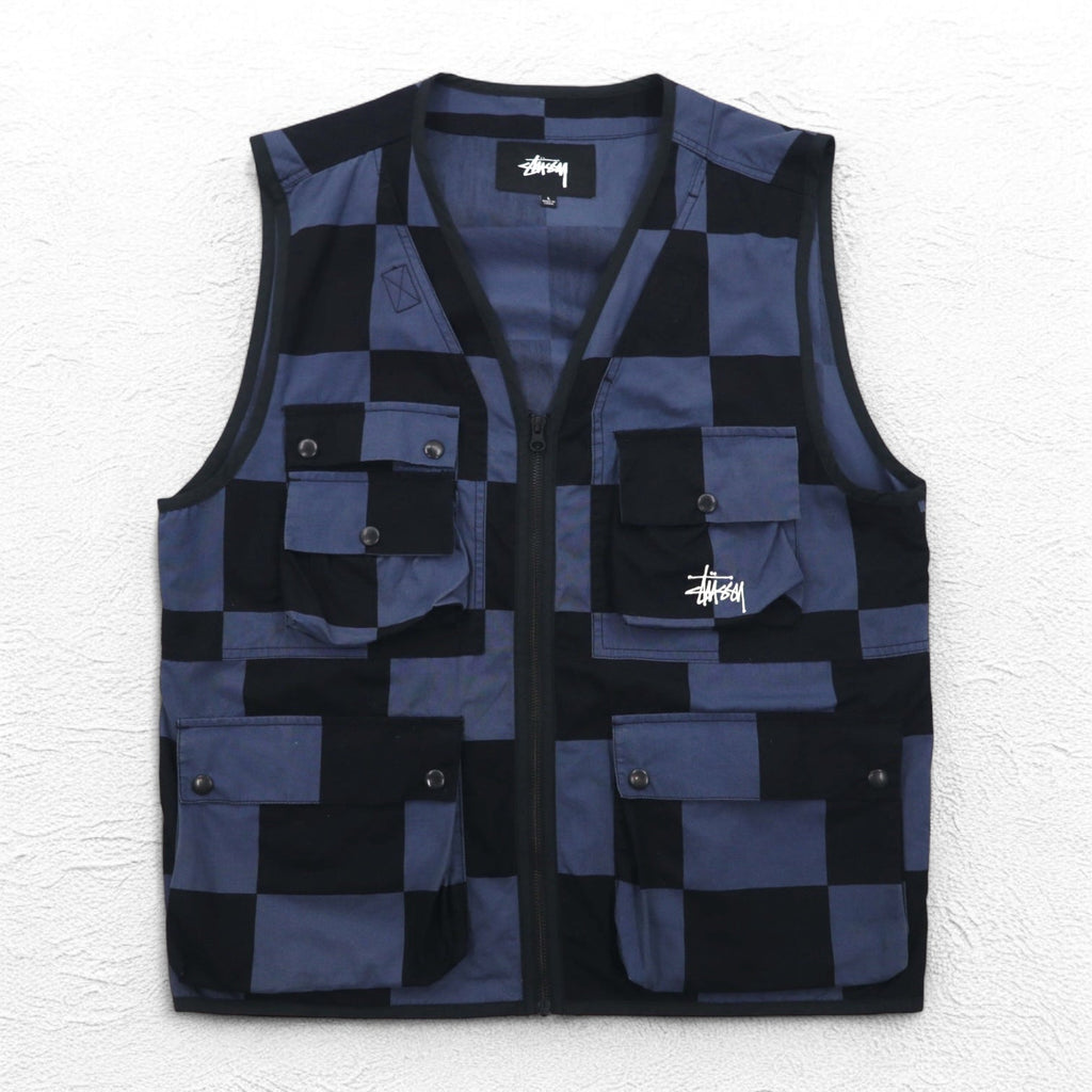 Stussy gilet multi-tasche L nero blu a scacchi bandiera a scacchi cotone