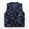 Stussy gilet multi-tasche L nero blu a scacchi bandiera a scacchi cotone