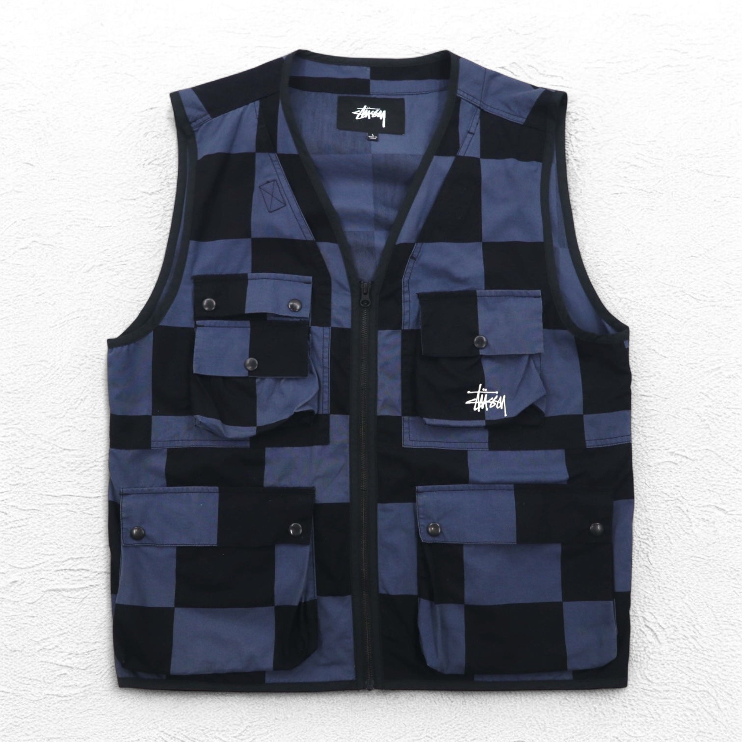 Stussy gilet multi-tasche L nero blu a scacchi bandiera a scacchi cotone