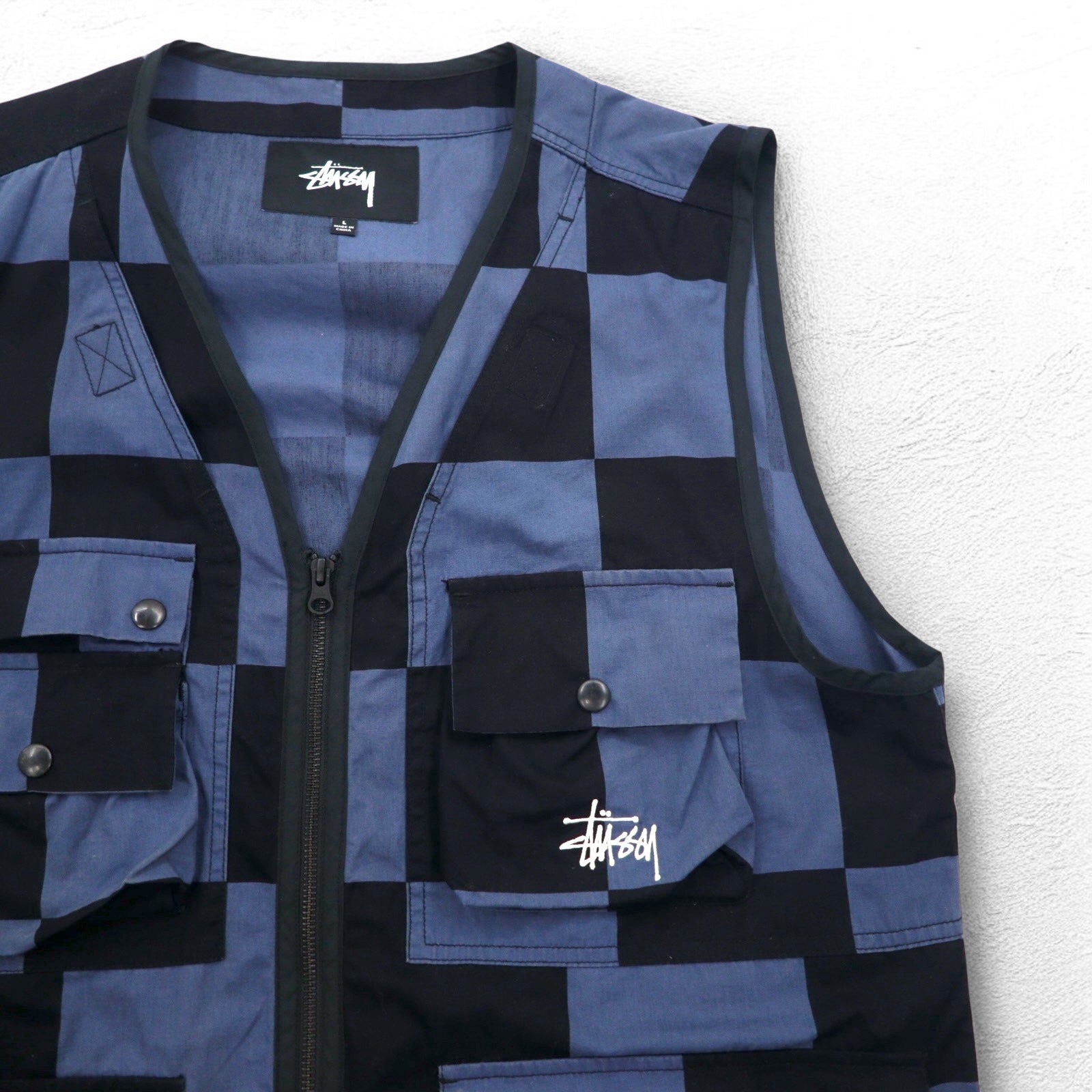 Stussy gilet multi-tasche L nero blu a scacchi bandiera a scacchi cotone