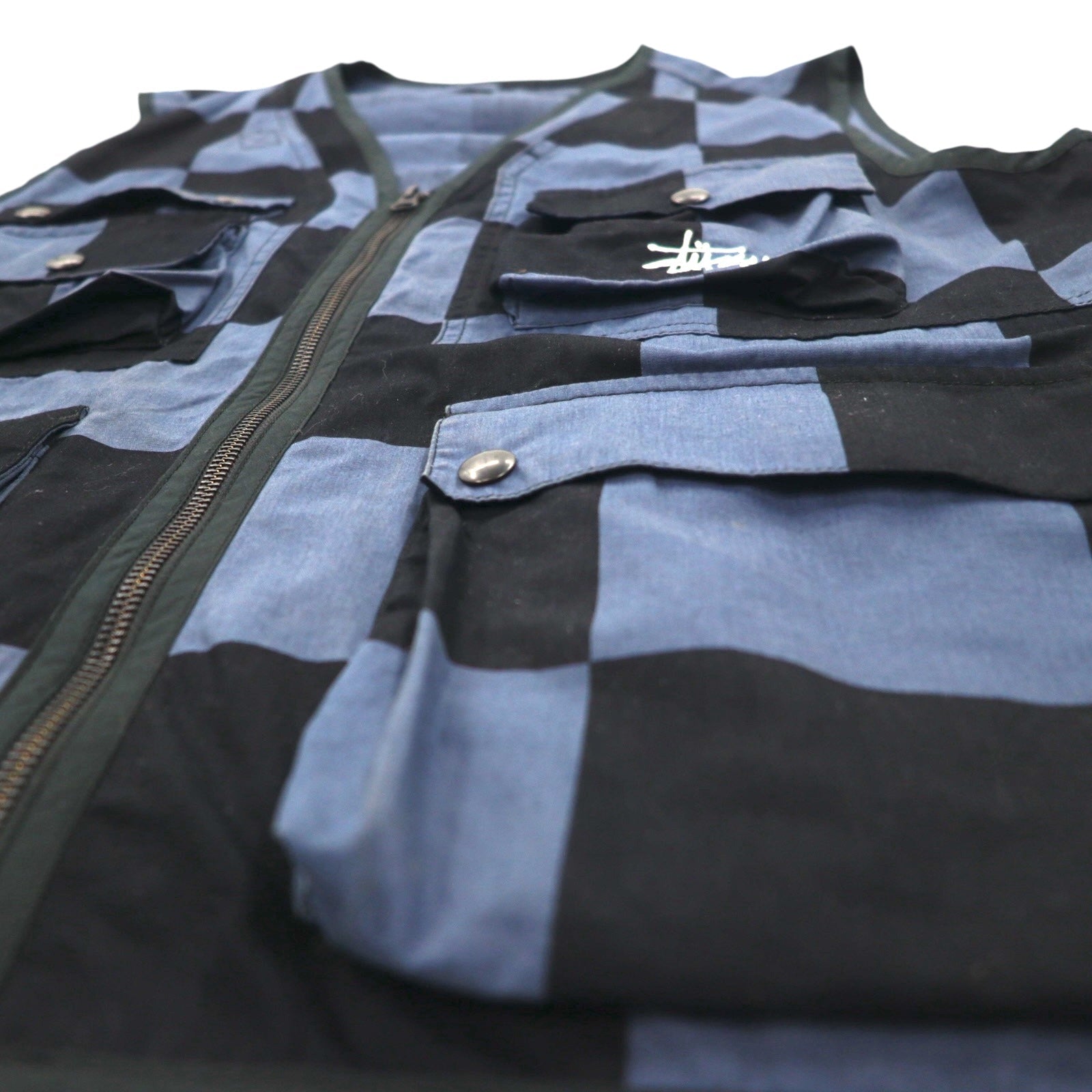 Stussy gilet multi-tasche L nero blu a scacchi bandiera a scacchi cotone