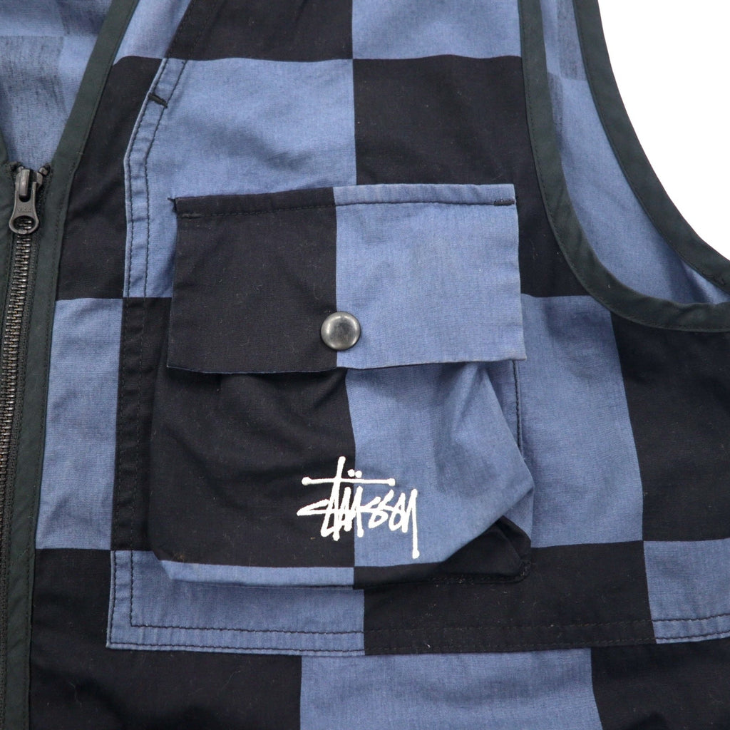 Stussy gilet multi-tasche L nero blu a scacchi bandiera a scacchi cotone
