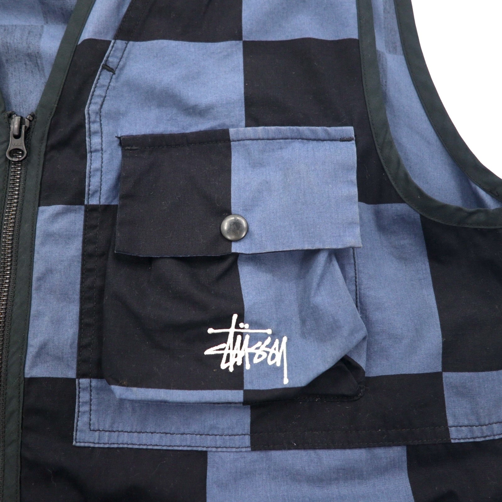 Stussy gilet multi-tasche L nero blu a scacchi bandiera a scacchi cotone