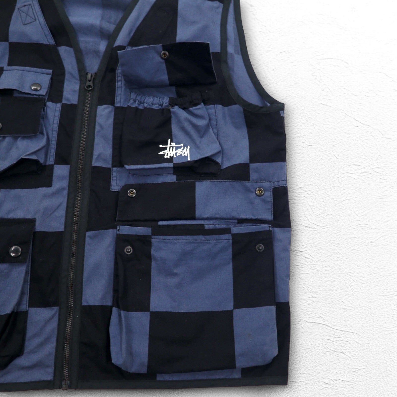 Stussy gilet multi-tasche L nero blu a scacchi bandiera a scacchi cotone