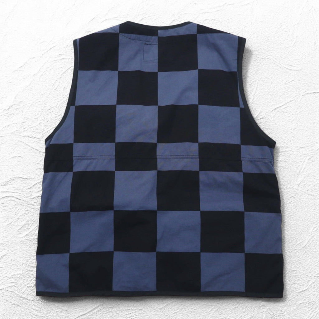 Stussy gilet multi-tasche L nero blu a scacchi bandiera a scacchi cotone