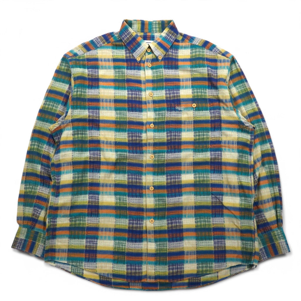 MISSONI SPORT Anni '90 Camicia button-down L Verde Giallo A quadri Cotone Taglia grande