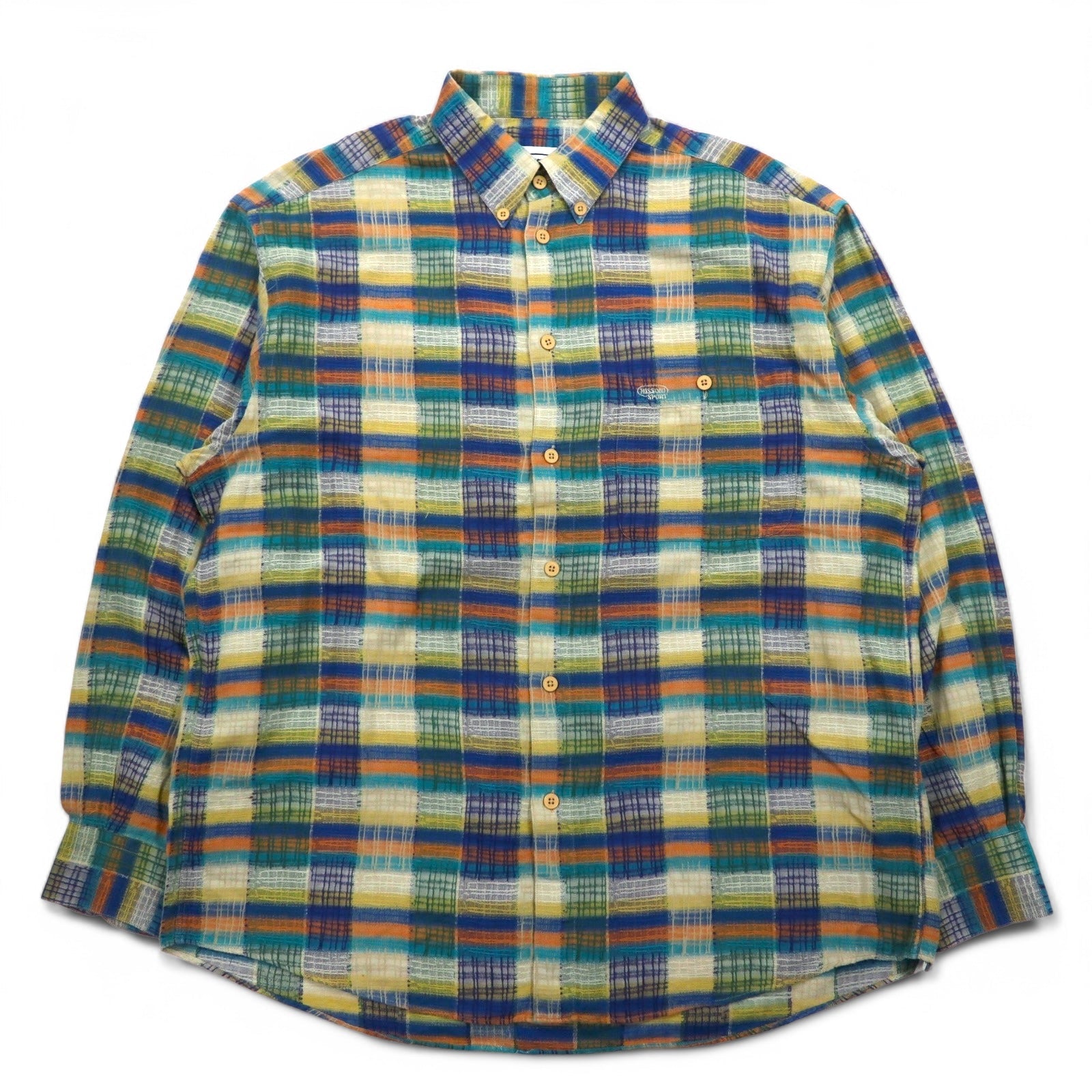 MISSONI SPORT Anni '90 Camicia button-down L Verde Giallo A quadri Cotone Taglia grande