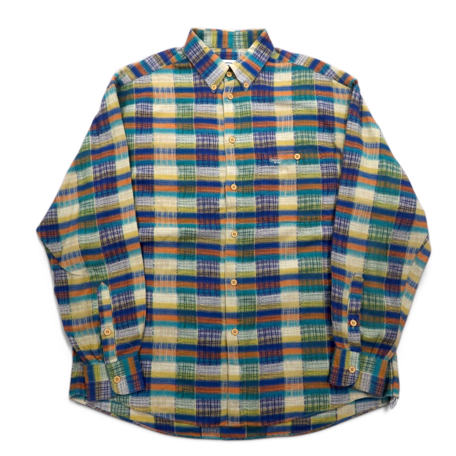 MISSONI SPORT Anni '90 Camicia button-down L Verde Giallo A quadri Cotone Taglia grande