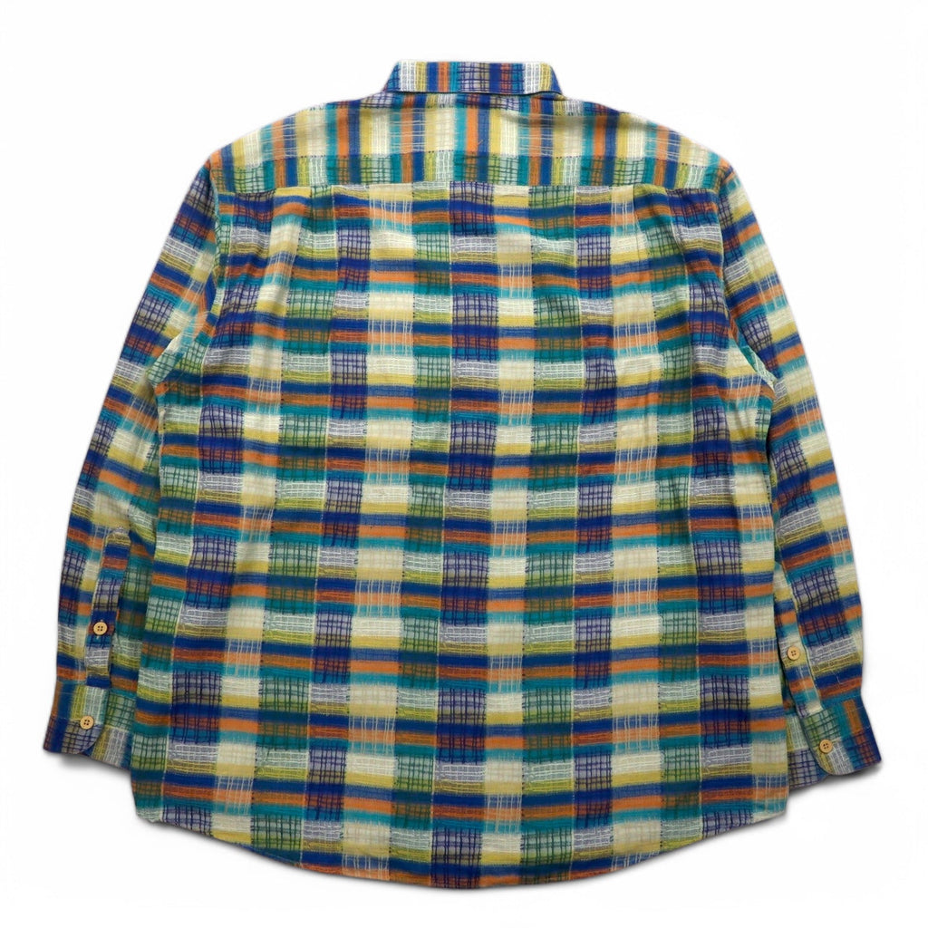 MISSONI SPORT Anni '90 Camicia button-down L Verde Giallo A quadri Cotone Taglia grande