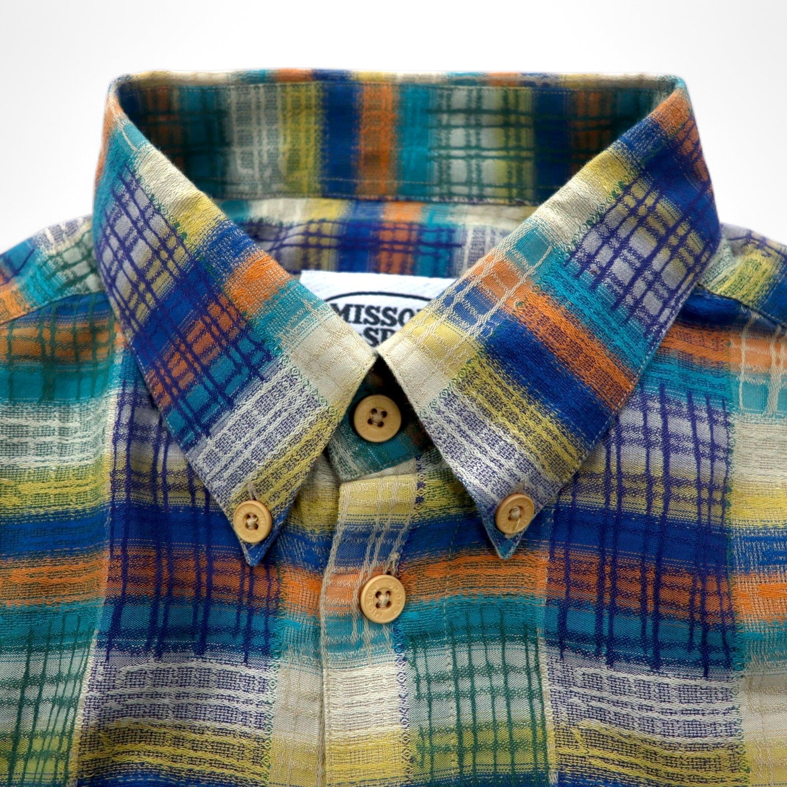 MISSONI SPORT Anni '90 Camicia button-down L Verde Giallo A quadri Cotone Taglia grande