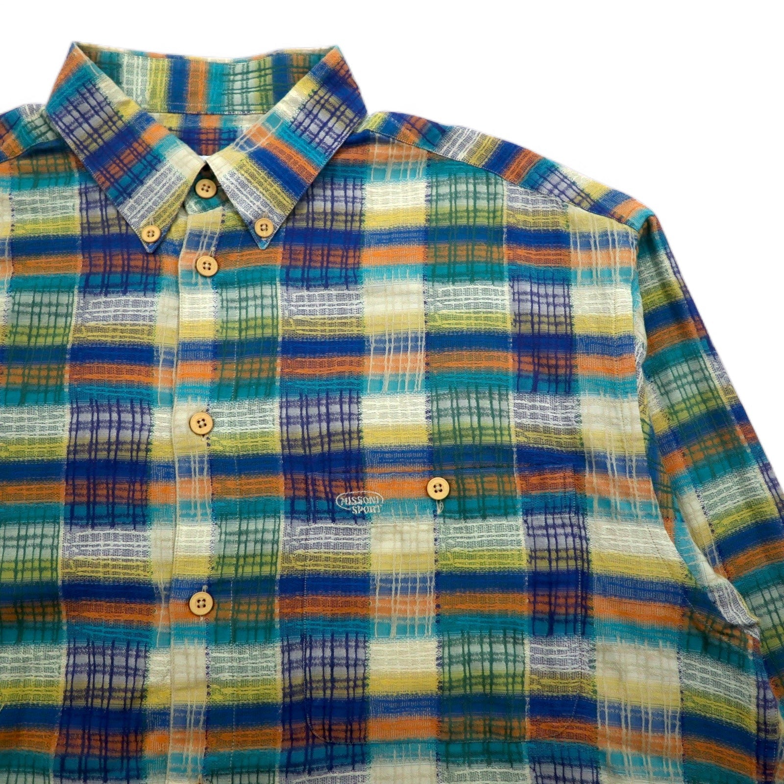 MISSONI SPORT Anni '90 Camicia button-down L Verde Giallo A quadri Cotone Taglia grande