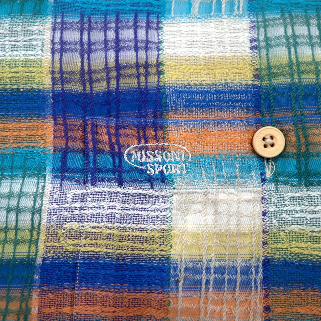 MISSONI SPORT Anni '90 Camicia button-down L Verde Giallo A quadri Cotone Taglia grande