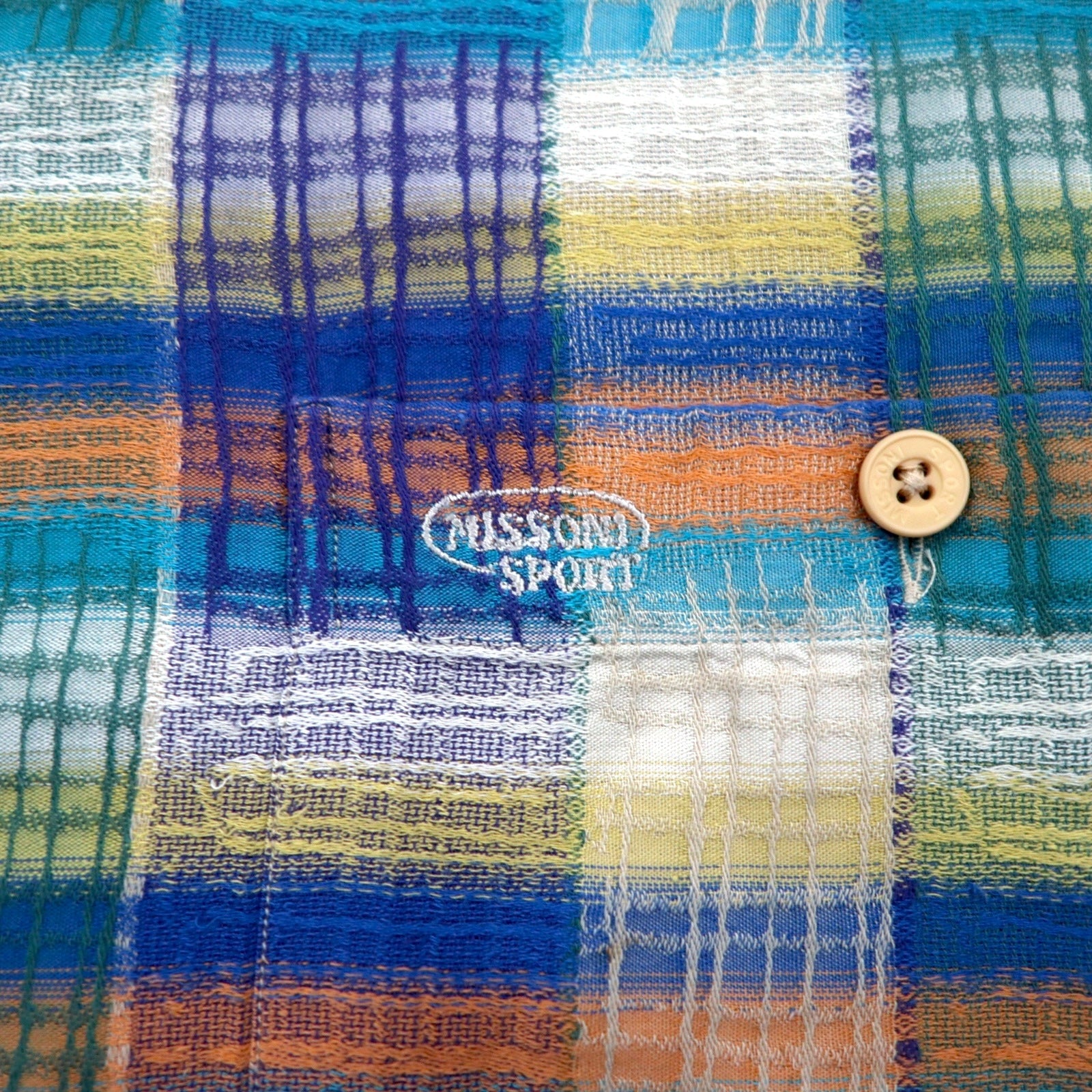 MISSONI SPORT Anni '90 Camicia button-down L Verde Giallo A quadri Cotone Taglia grande