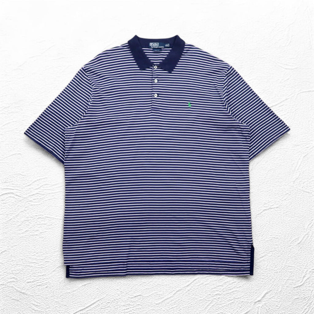 Polo by Ralph Lauren polo anni '90 XL taglia grande blu navy a righe pima cotton GOLF FIT ricamo pony piccolo made in Perù