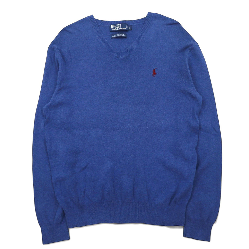 Polo by Ralph Lauren anni '90 maglione in cotone pima scollo a V L blu ricamo piccolo pony
