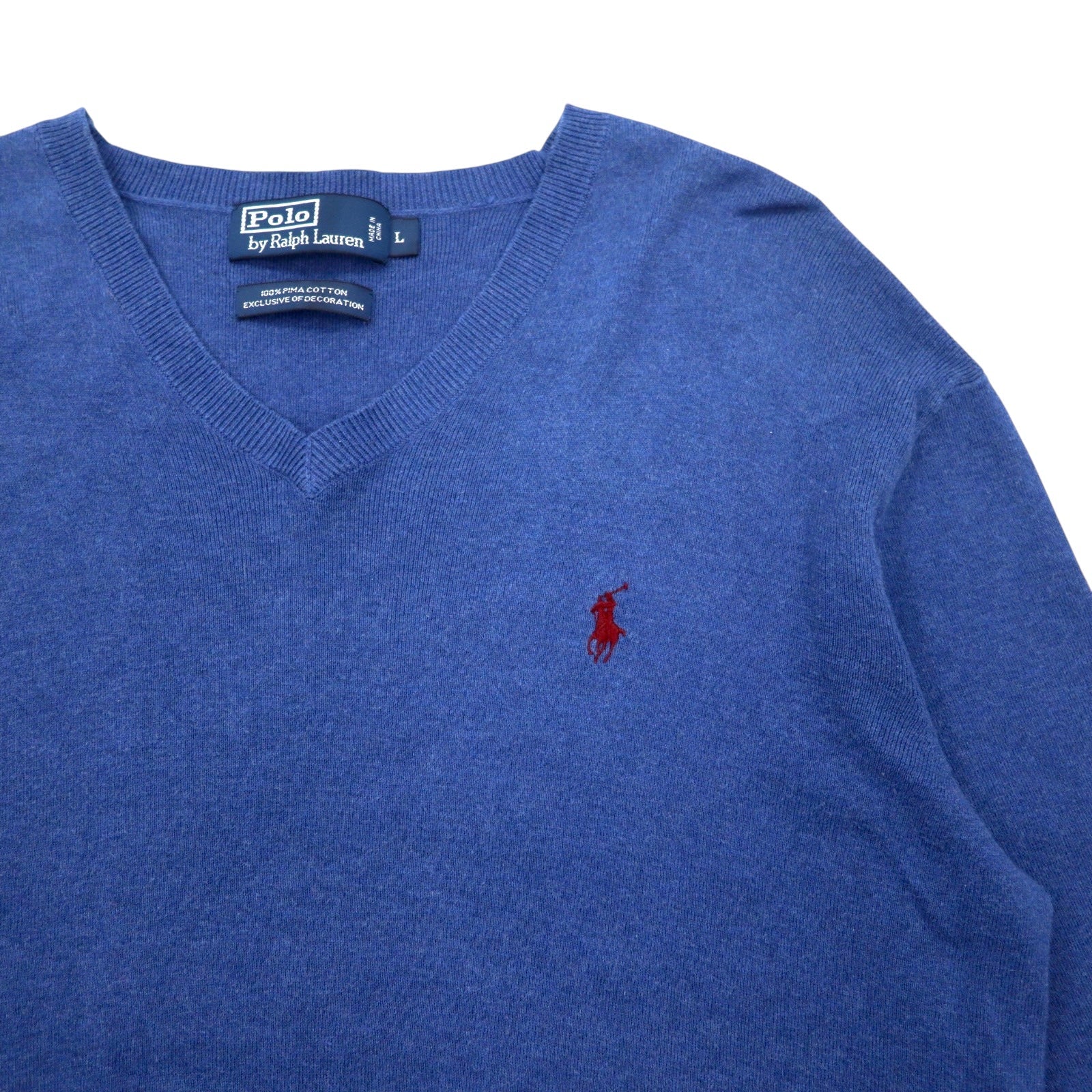 Polo by Ralph Lauren anni '90 maglione in cotone pima scollo a V L blu ricamo piccolo pony