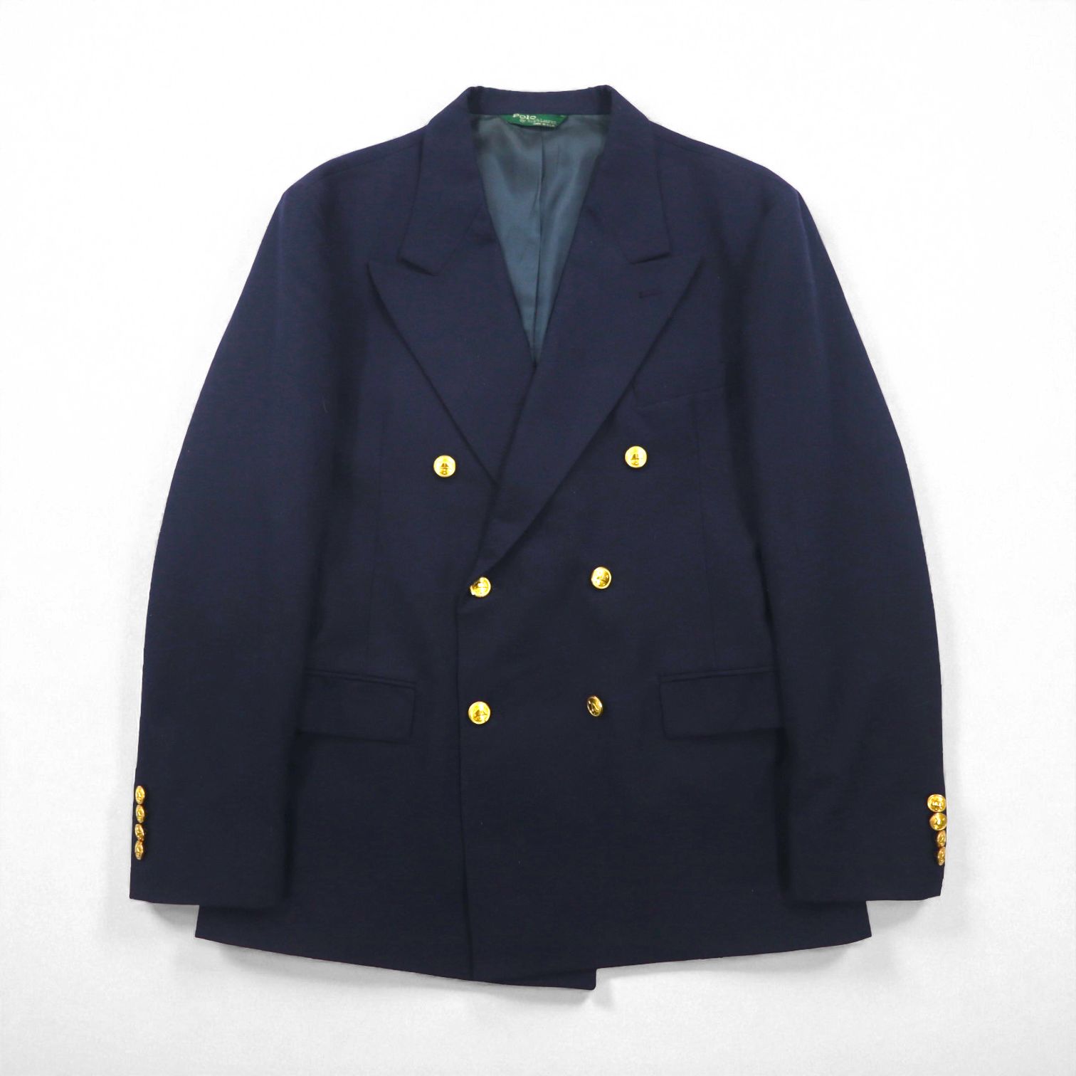 Polo Ralph Lauren 90年代 USA製 ダブル ブレザー テーラードジャケット M ピークドラペル 紺ブレ 金ボタン ギャバジン