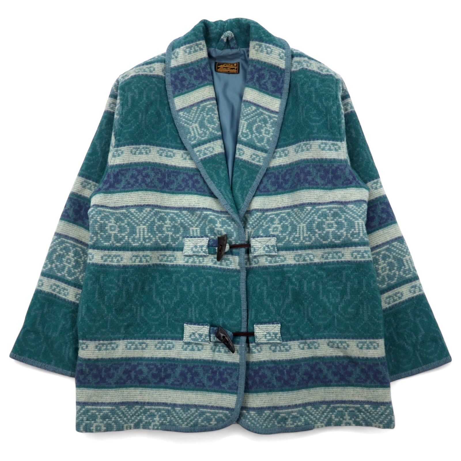 Eddie Bauer anni '90, made in USA, giacca in lana blu con collo a scialle, fodera coperta, motivo nativo, bottoni a alamaro, taglia XL