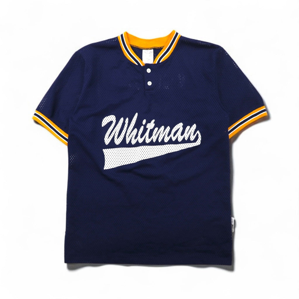 Maglia da gioco in mesh Athletic Knit anni '90, taglia M, blu navy, NCAA Whitman College, numerata, scollo a serafino