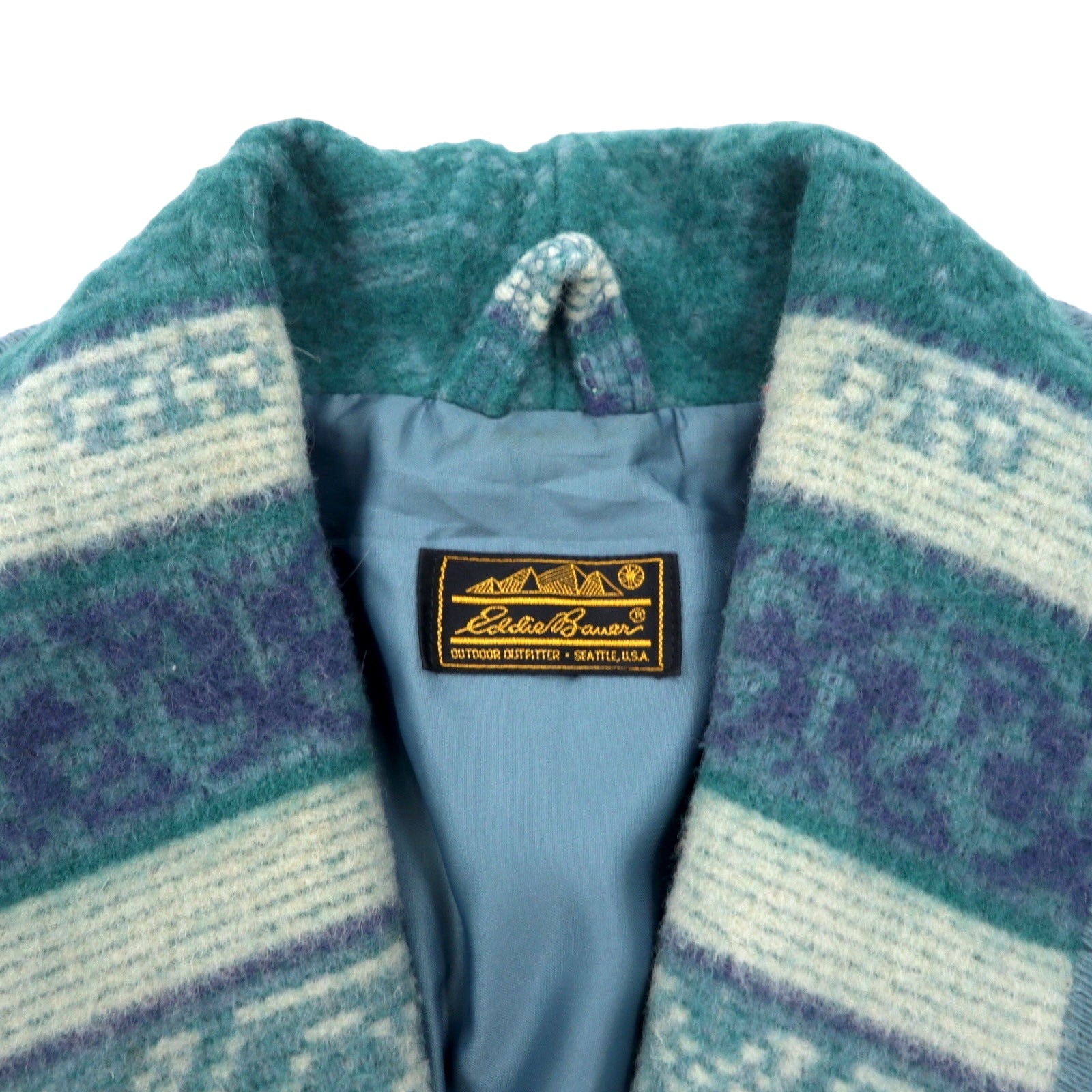 Eddie Bauer anni '90, made in USA, giacca in lana blu con collo a scialle, fodera coperta, motivo nativo, bottoni a alamaro, taglia XL