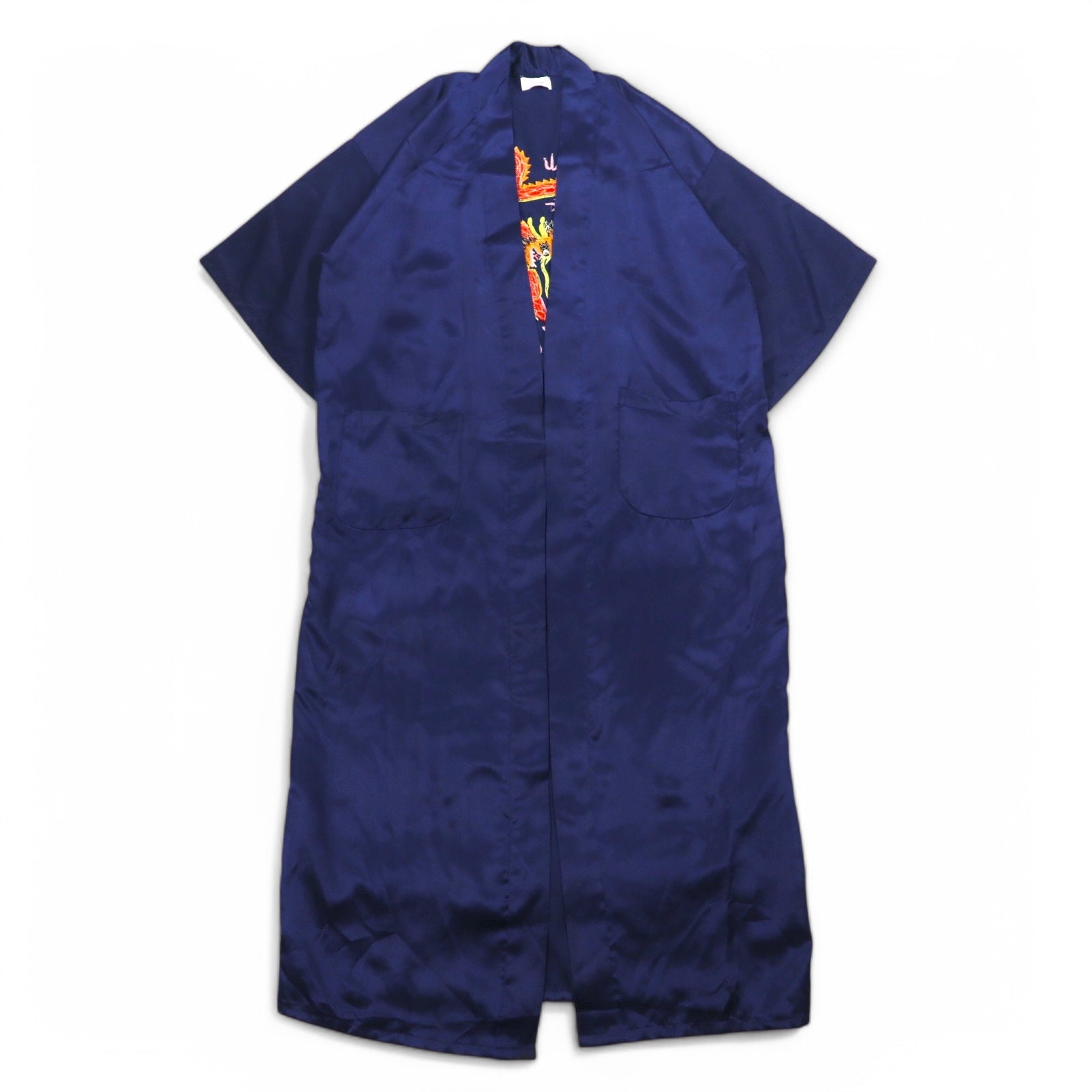 Vestaglia Vintage in Raso Souvenir, Vestaglia Kimono in Raso Souvenir, TAGLIA UNICA, Blu Navy, Ricamo Drago