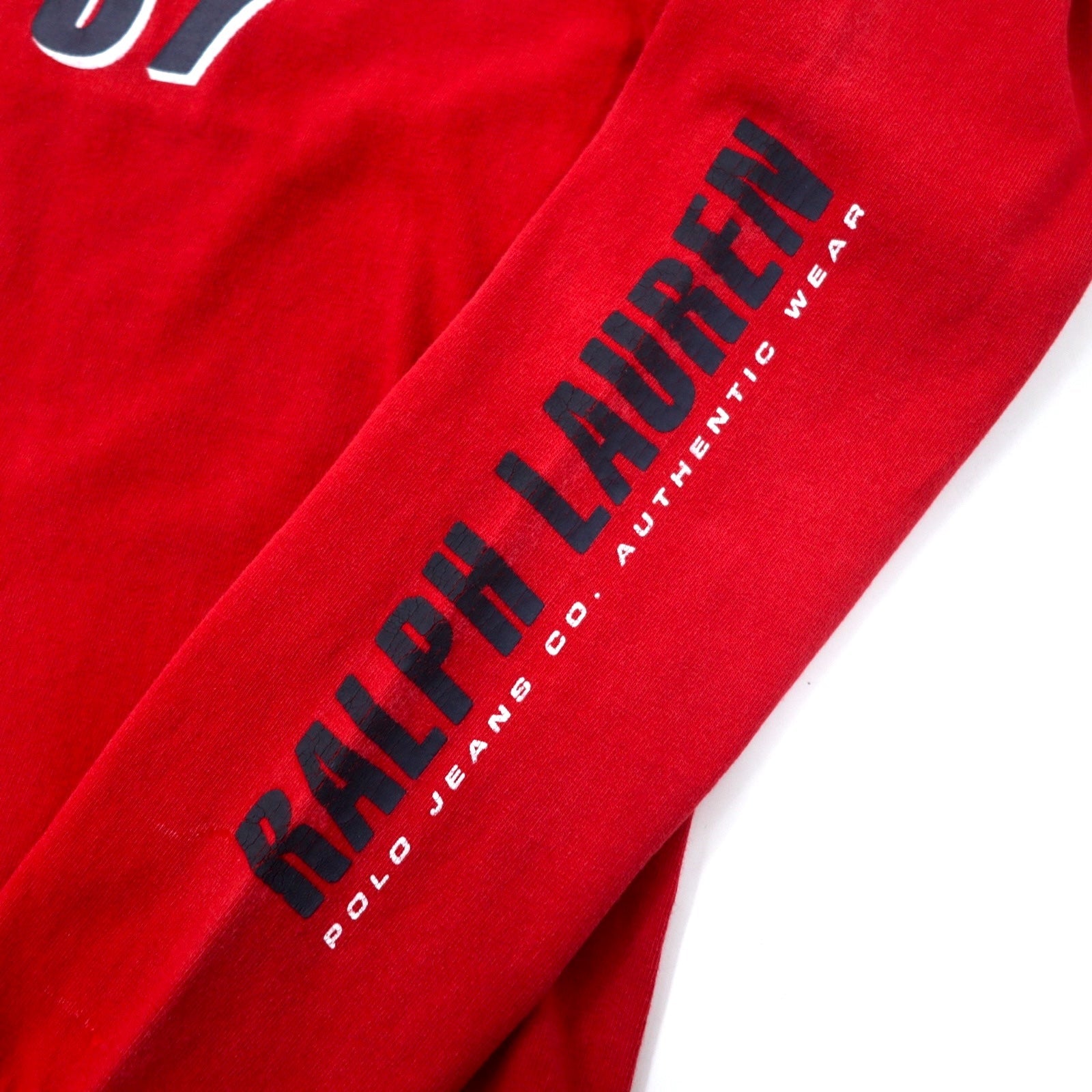 POLO JEANS CO. RALPH LAUREN T-shirt a maniche lunghe con logo stampato, taglia M, rossa, in cotone, con logo sulla manica