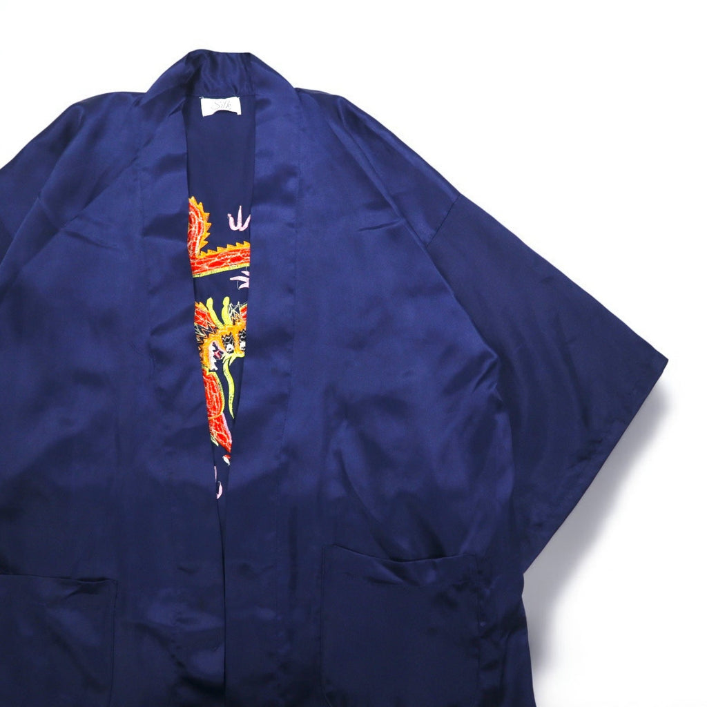 Vestaglia Vintage in Raso Souvenir, Vestaglia Kimono in Raso Souvenir, TAGLIA UNICA, Blu Navy, Ricamo Drago